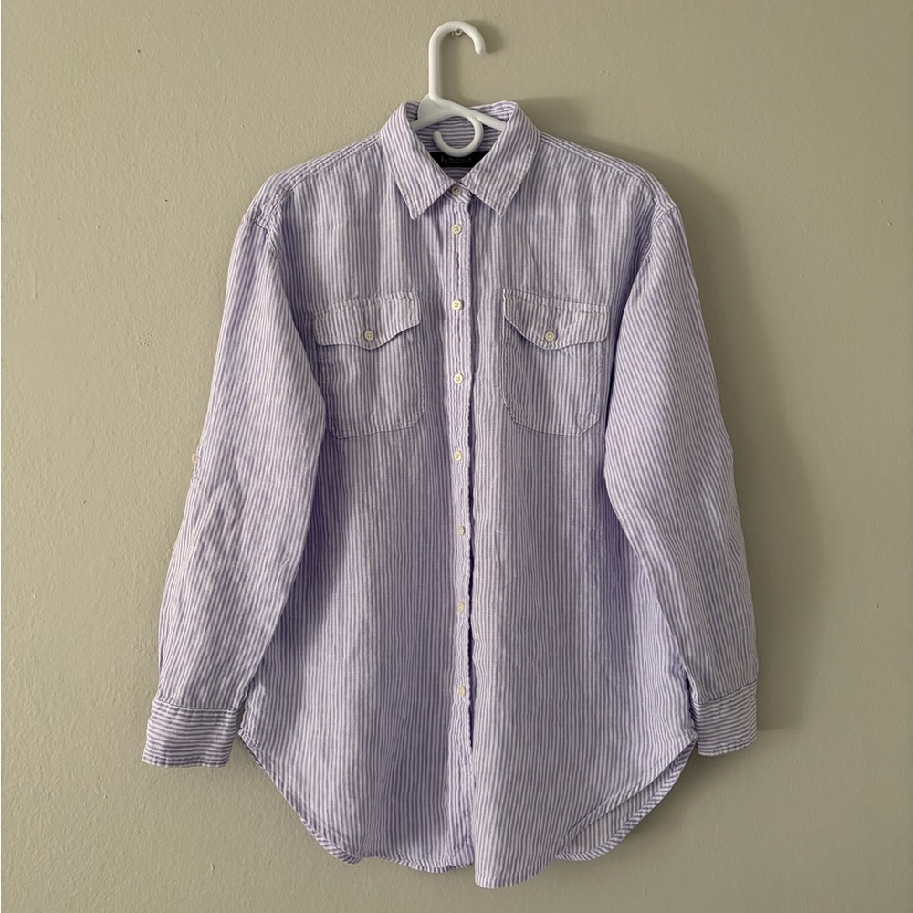 Ralph Lauren Woman’s Striped Purple Shirt Size L Lavander Striped Linen Buttons